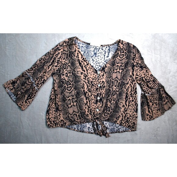 Peach Love Blouse Women's Small Brown Snakeskin Tie Front Bell Sleeve Crop Top - Picture 1 of 5